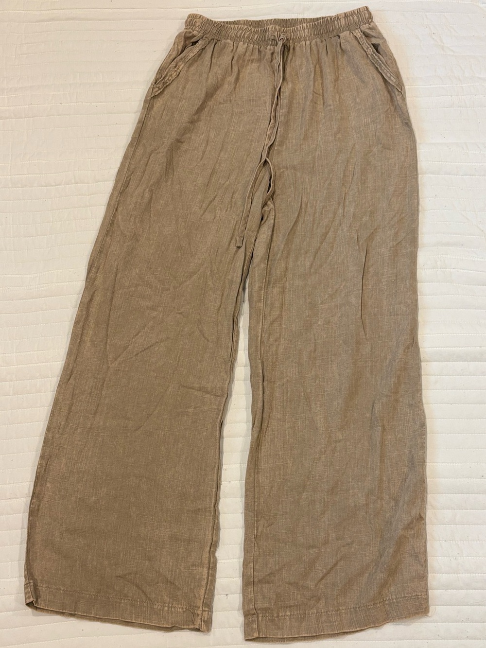 Zenana Outfitters Linen Drawstring Wide Leg Khaki Tan Pants Womens Large